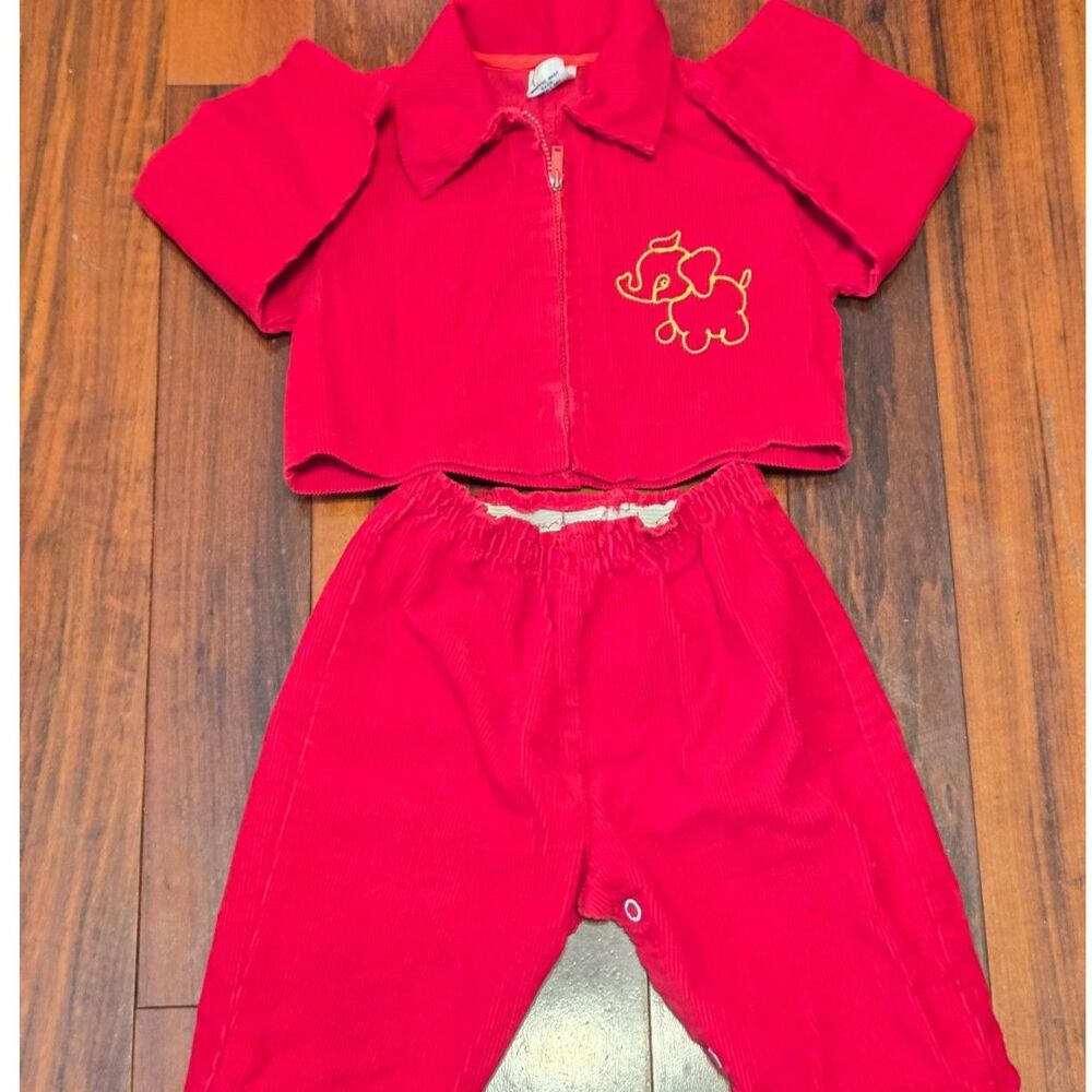 Vintage 70s 80s Kid Sears Red Corduroy Jacket Pants Set Puppy 6-12Mos.